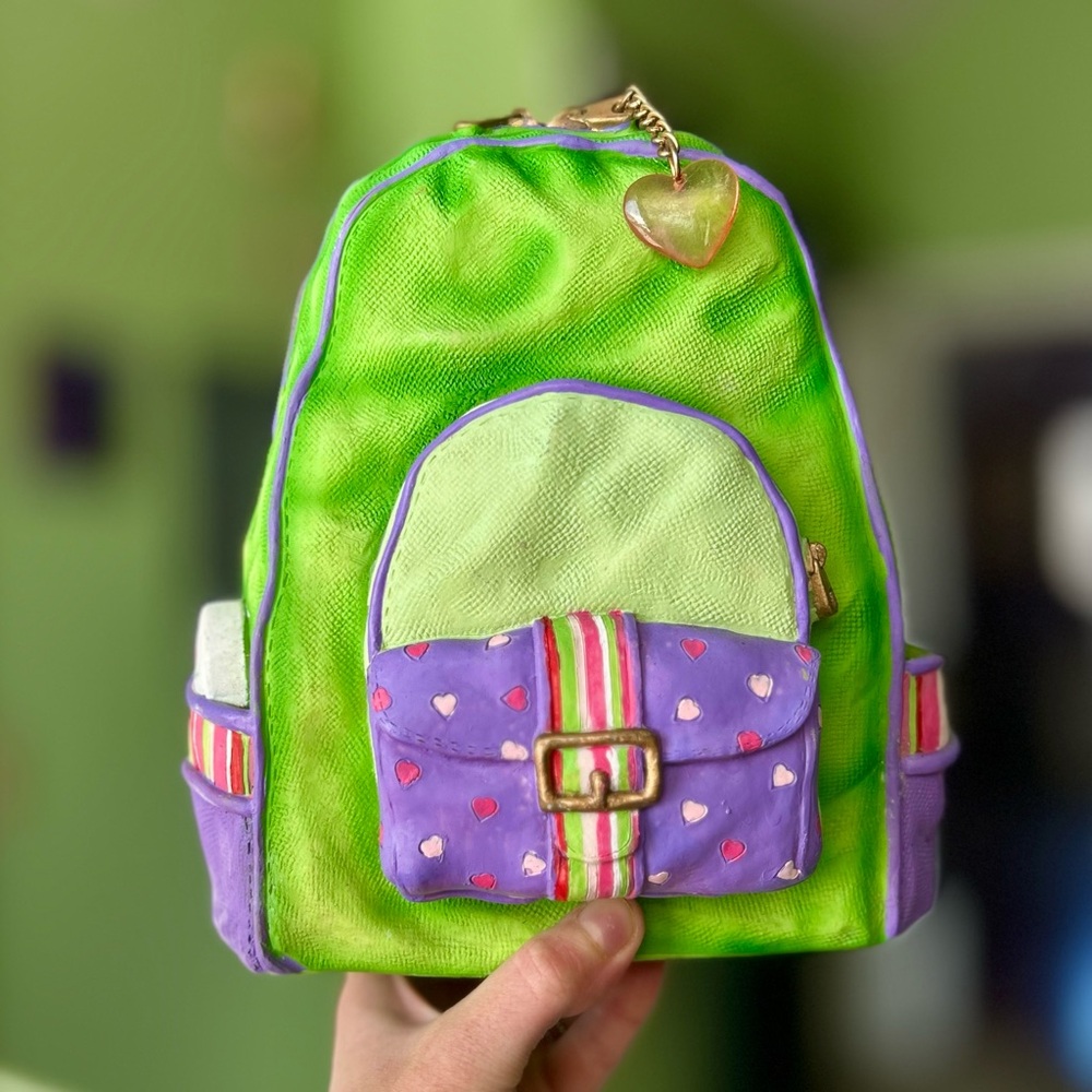 VTG Vibrant Green & Purple Rustic 3D Textured Backpack Bag Piggy Bank Accent